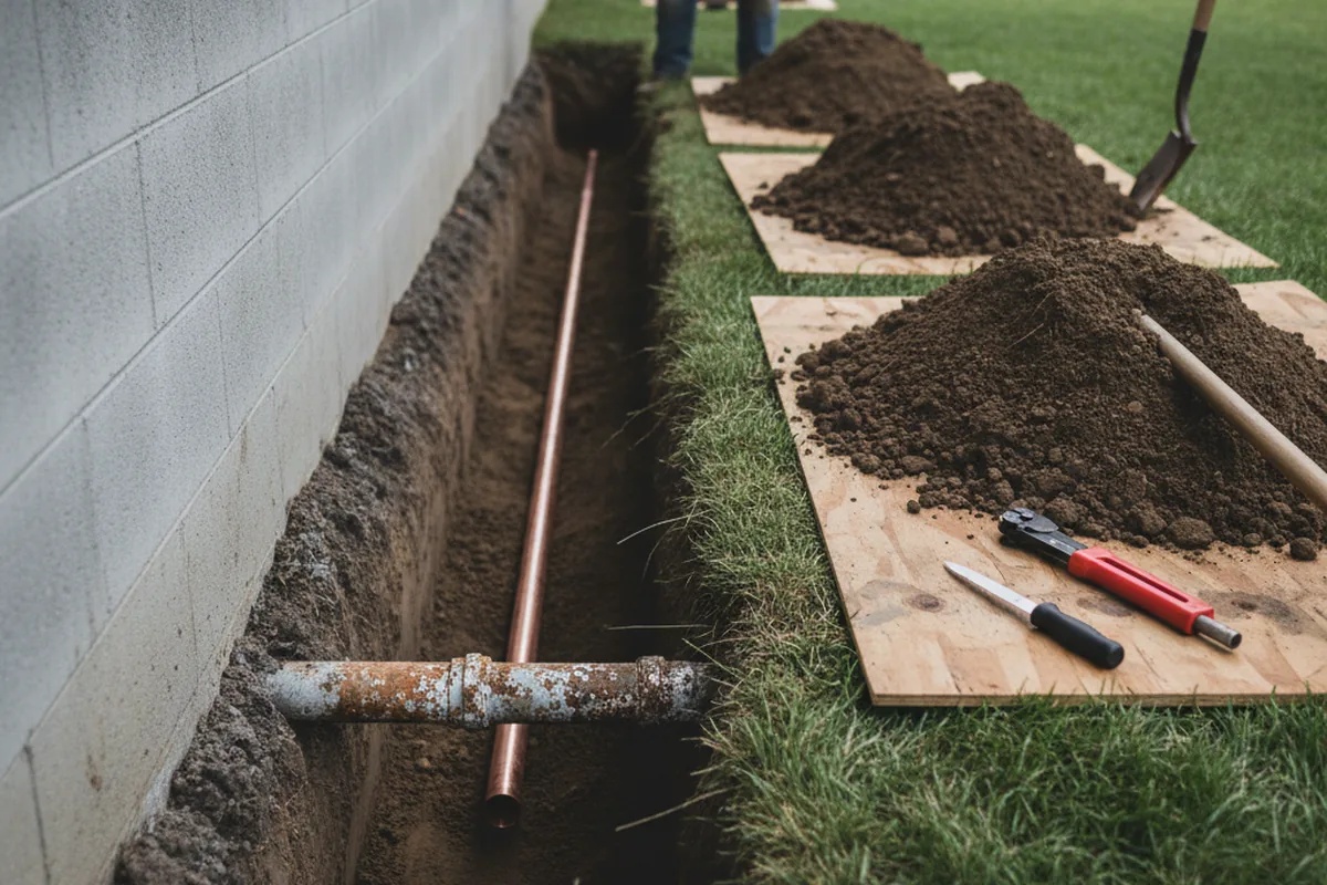 Excavated water line trench during Water Softener Installation in Tecopa